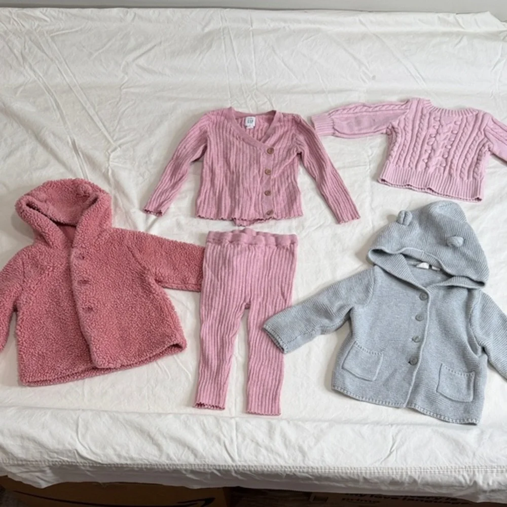 GAP Pink Teddy Coat & Knit Set with Gray Hooded Cardigan